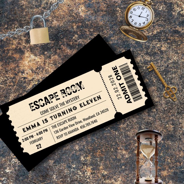 Vintage Escape Room Mystery Birthday Ticket Party Invitation (Invitation– Editable Template, Kids Escape Room Birthday Ticket Invitation)