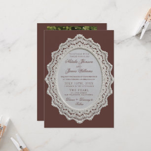 Vintage Espresso Lace Doily QR Code Photo Wedding Invitation