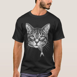 Vintage Etching Cat Head with Fish Bone Skeleton T-Shirt