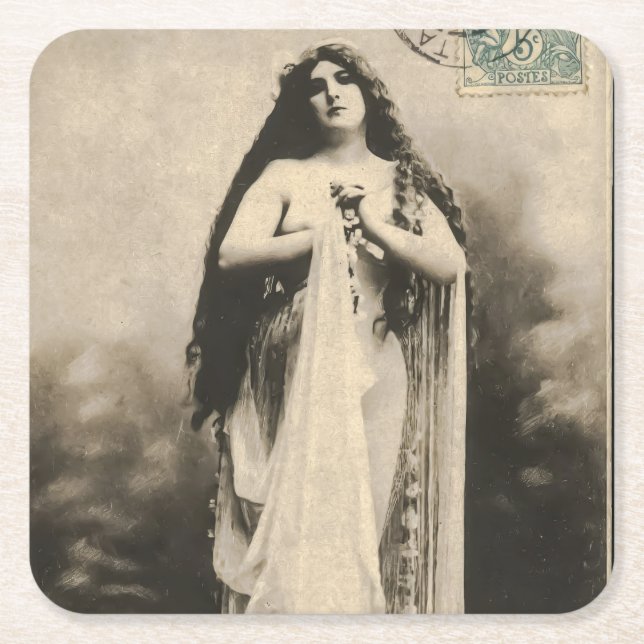 Vintage Ethereal Goddess Postcard Square Paper Coaster (Front)