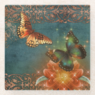 Vintage Ethereal Orange Butterfly on Teal Glass Coaster