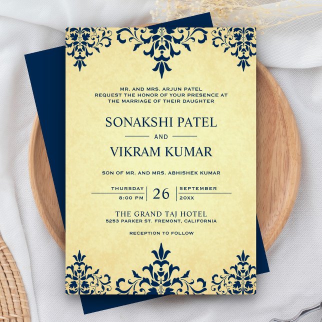 Vintage Ethnic Blue Damask Indian Wedding Invitation (Creator Uploaded)