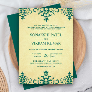 Vintage Ethnic Teal Damask Indian Wedding Invitation