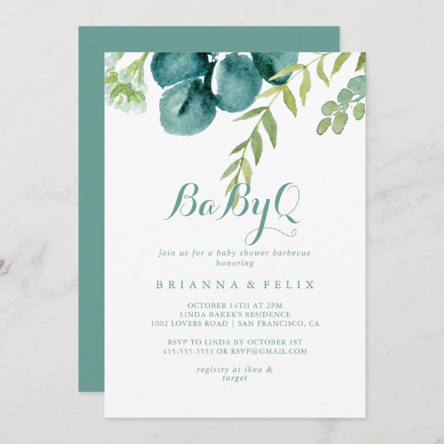 Vintage Eucalyptus BabyQ Baby Shower Barbecue  Invitation (Front/Back)
