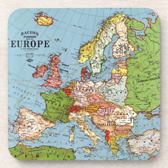 Vintage Europe 20th Century General Map Lithograph Coaster (Front)