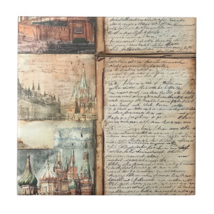 Vintage European Cityscape with Antique Script Art Tile
