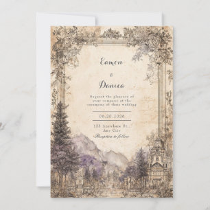 Vintage European Mountain Landscape Wedding Invitation