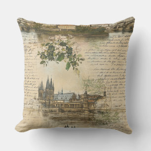 Vintage European River Scene - Handwritten Script Cushion