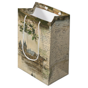 Vintage European River Scene - Handwritten Script Medium Gift Bag