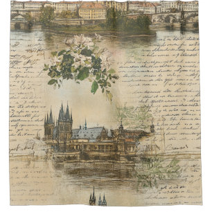 Vintage European River Scene - Handwritten Script Shower Curtain
