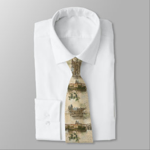 Vintage European River Scene - Handwritten Script Tie