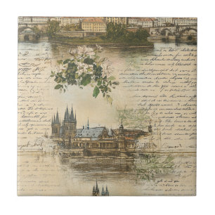 Vintage European River Scene - Handwritten Script Tile