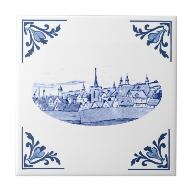Vintage European Town Delft Blue & White Tile (Front)