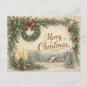 Vintage Evergreen Wreath Merry Christmas Holiday Postcard