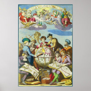 Vintage Explorers with Antique Globe Map, 1542 Poster