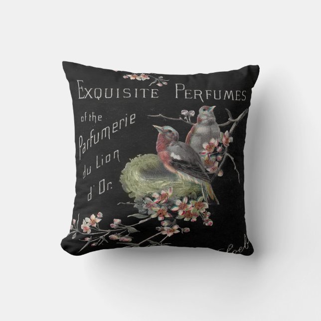 Vintage Exquisite Perfume Ephemera Ad with Birds Cushion (Front)
