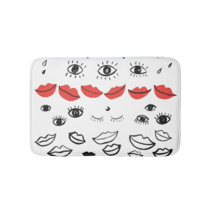 Vintage eyes, red lips pattern. bath mat