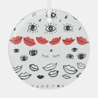 Vintage eyes, red lips pattern. glass tree decoration