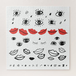 Vintage eyes, red lips pattern. jigsaw puzzle