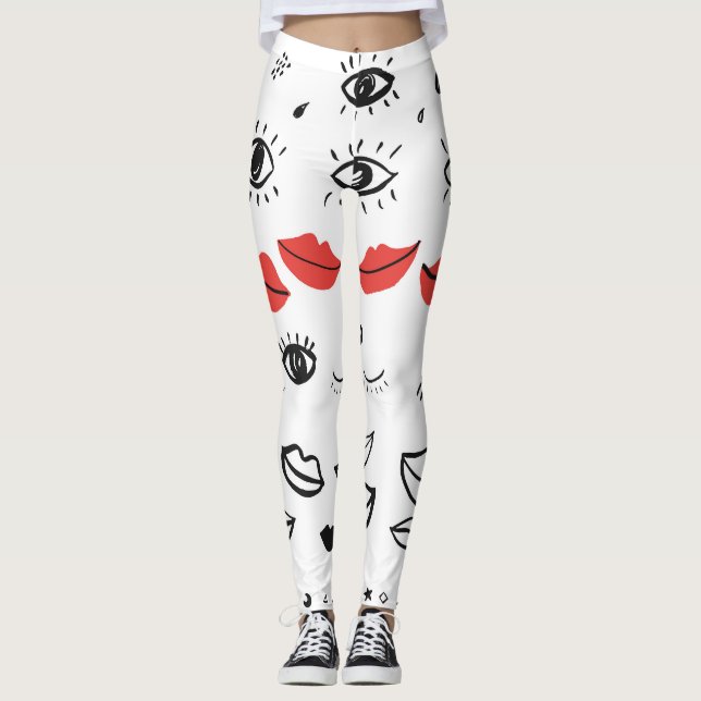 Vintage eyes, red lips pattern. leggings (Front)