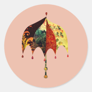Vintage Fabric Look Collage Umbrella on Pink Classic Round Sticker