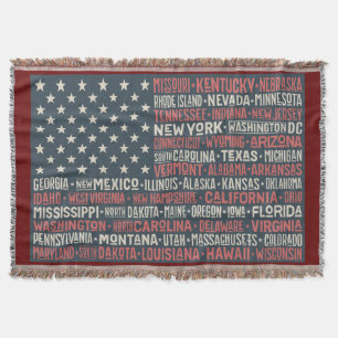 Vintage Faded American Flag State Names Words Art Throw Blanket
