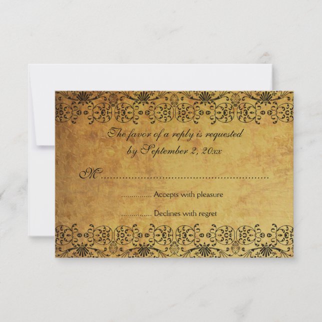 Vintage faded black gold damask wedding RSVP card (Front)