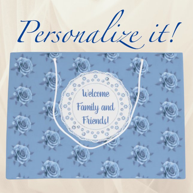 Vintage Faded Blue Roses Personalised  Large Gift Bag (Personalize for special occasions!)