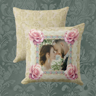 Vintage Faded Damask Lace Roses Photo Memory Cushion