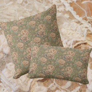 Vintage Faded Peachy Pink Roses Dusty Green  Cushion