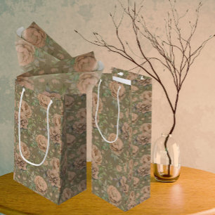 Vintage Faded Peachy Pink Roses Dusty Green  Small Gift Bag