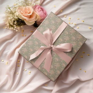 Vintage Faded Peachy Pink Roses Dusty Green  Wrapping Paper