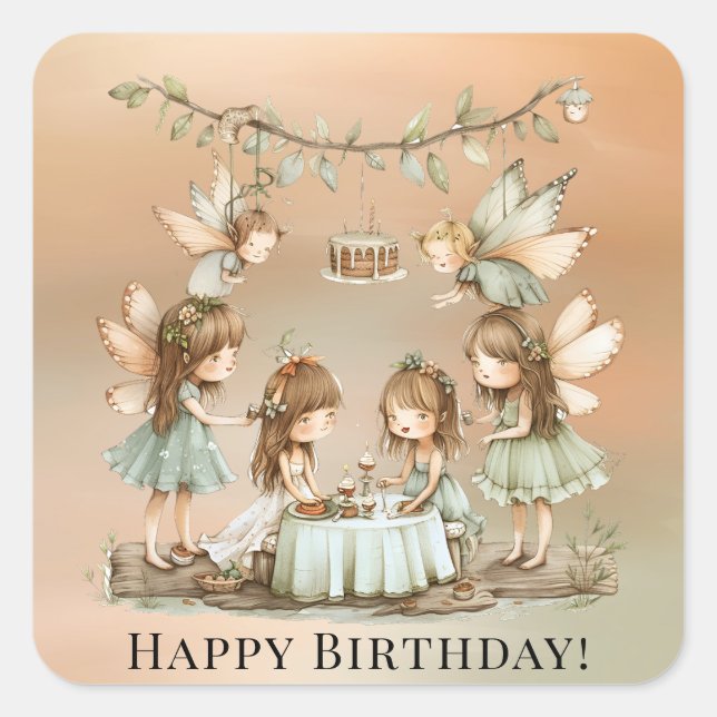 Vintage Fairies Girl Birthday Party Square Sticker (Front)