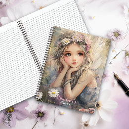 Vintage Fairy Art with Flower Crown and Daisies Notebook