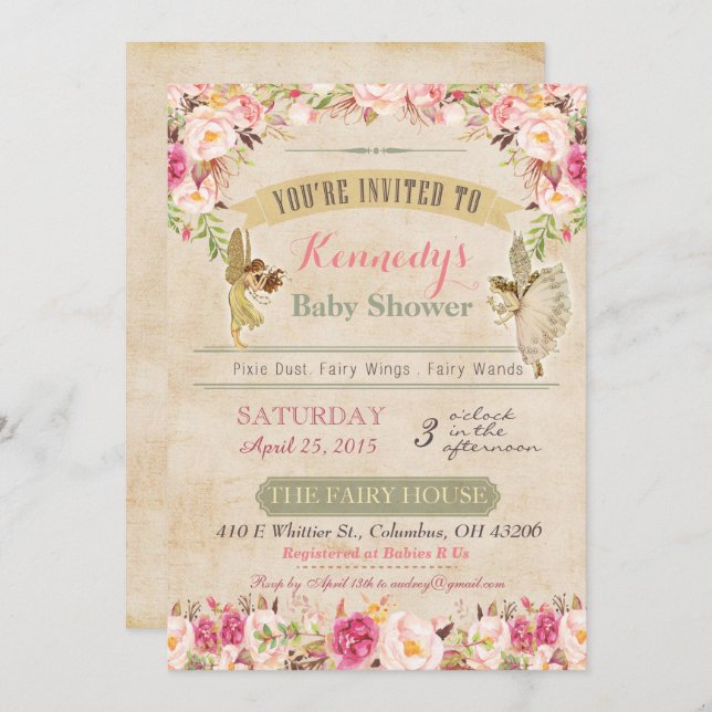 Vintage Fairy Baby Shower Invitation (Front/Back)