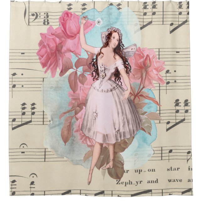 Vintage Fairy Ballerina Dancing Music Shower Curtain (Front)
