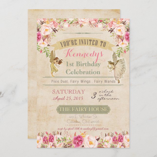 Vintage Fairy First Birthday Invitation (Front/Back)