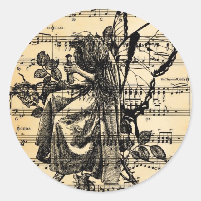 Vintage Fairy & Music Classic Round Sticker (Front)