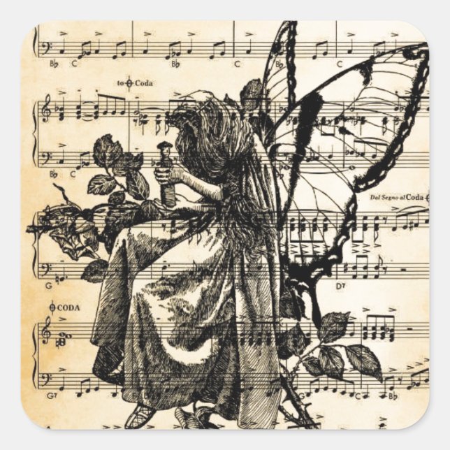 Vintage Fairy & Music Square Sticker (Front)
