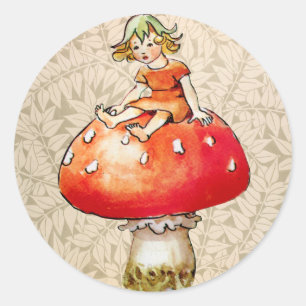 Vintage Fairy On A Mushroom, Retro Floral Print Classic Round Sticker