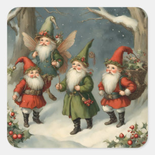 Vintage Fairy Tale Christmas Gnomes in the Forest Square Sticker