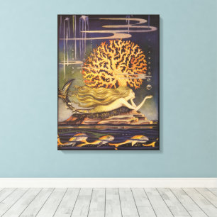 Vintage Fairy Tale, Little Mermaid in Ocean Coral Canvas Print