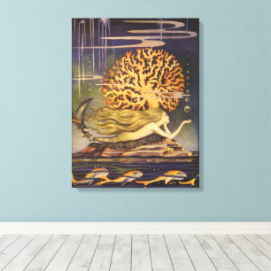 Vintage Fairy Tale, Little Mermaid in Ocean Coral Canvas Print