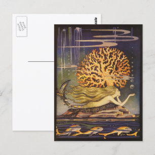 Vintage Fairy Tale, Little Mermaid in Ocean Coral Postcard