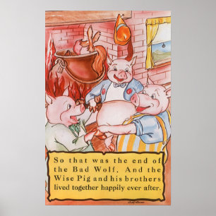 Vintage Fairy Tale Three Little Pigs and the Wolf Poster