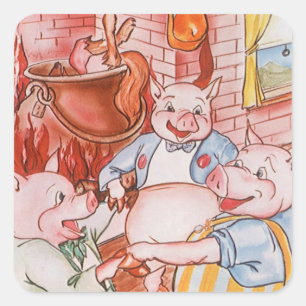 Vintage Fairy Tale Three Little Pigs and the Wolf Square Sticker
