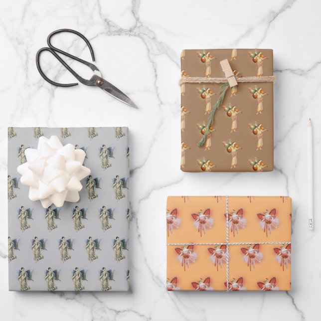 Vintage Fairy Trio Wrapping Paper Sheet (Front)
