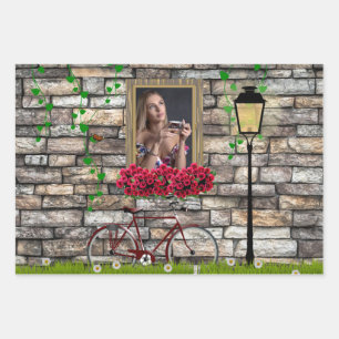 Vintage Fairytale Bicycle Roses Girly Photo Frame Wrapping Paper Sheet