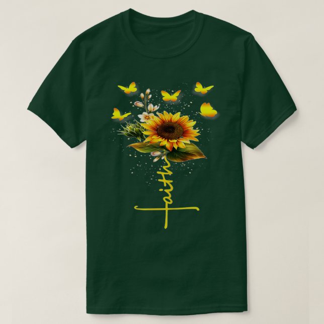 Vintage Faith Cross Sunflower Butterflies Flowers  T-Shirt (Design Front)
