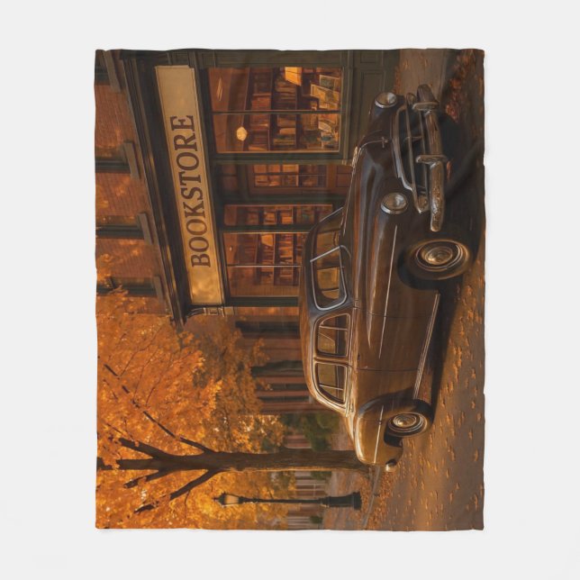 Vintage Fall/Autumn bookstore & car Fleece Blanket (Front)